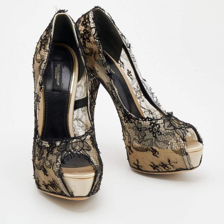Pre Owned Dolce & Gabbana Black/Beige Lace And Satin Peep Toe Platform Pumps Size 40