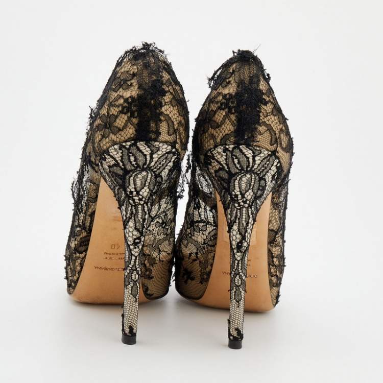 Pre Owned Dolce & Gabbana Black/Beige Lace And Satin Peep Toe Platform Pumps Size 40