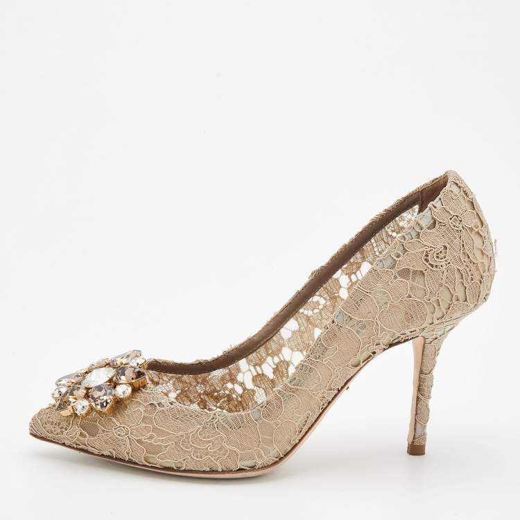 Pre Owned Dolce & Gabbana Beige Lace Crystal Embellished Belluci Pumps Size 37