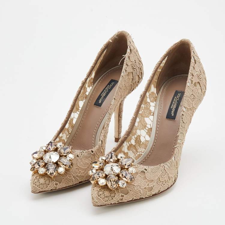 Pre Owned Dolce & Gabbana Beige Lace Crystal Embellished Belluci Pumps Size 37