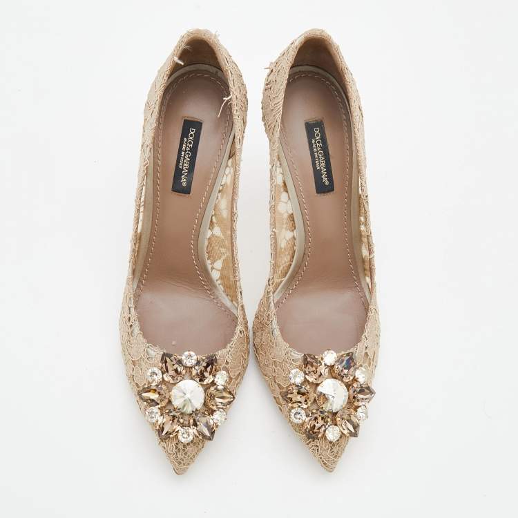 Pre Owned Dolce & Gabbana Beige Lace Crystal Embellished Belluci Pumps Size 37