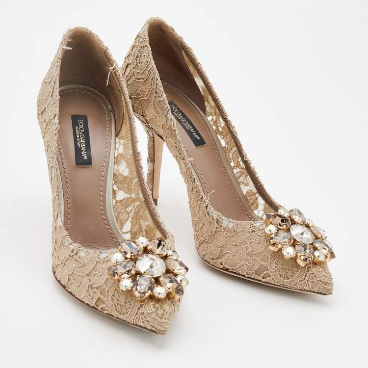 Pre Owned Dolce & Gabbana Beige Lace Crystal Embellished Belluci Pumps Size 37