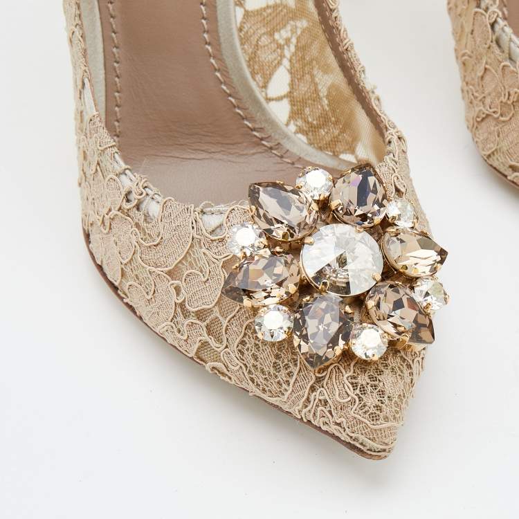 Pre Owned Dolce & Gabbana Beige Lace Crystal Embellished Belluci Pumps Size 37