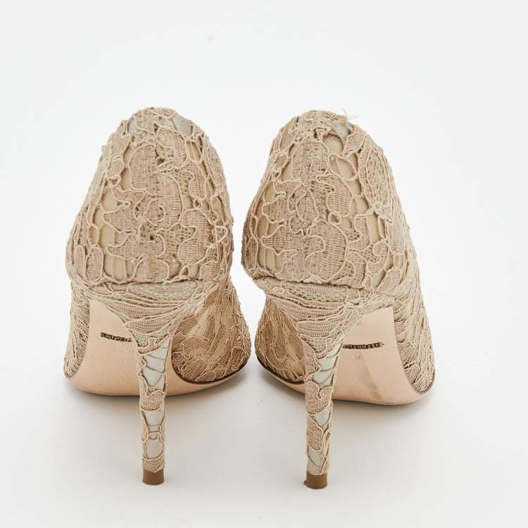 Pre Owned Dolce & Gabbana Beige Lace Crystal Embellished Belluci Pumps Size 37