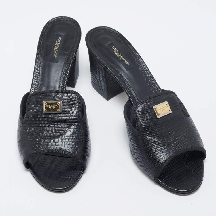 Pre Owned Dolce & Gabbana Black Lizard Embossed Leather Slide Sandals Size 40