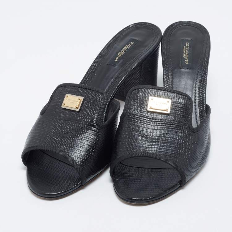 Pre Owned Dolce & Gabbana Black Lizard Embossed Leather Slide Sandals Size 40