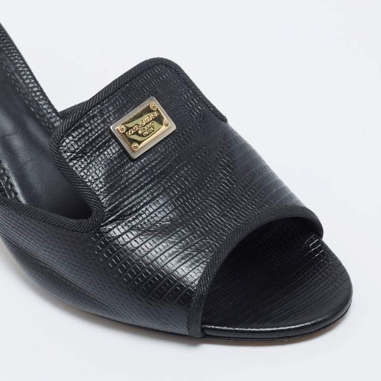 Pre Owned Dolce & Gabbana Black Lizard Embossed Leather Slide Sandals Size 40
