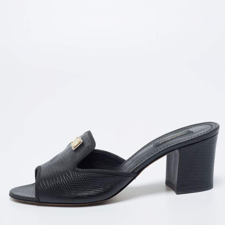 Pre Owned Dolce & Gabbana Black Lizard Embossed Leather Slide Sandals Size 40