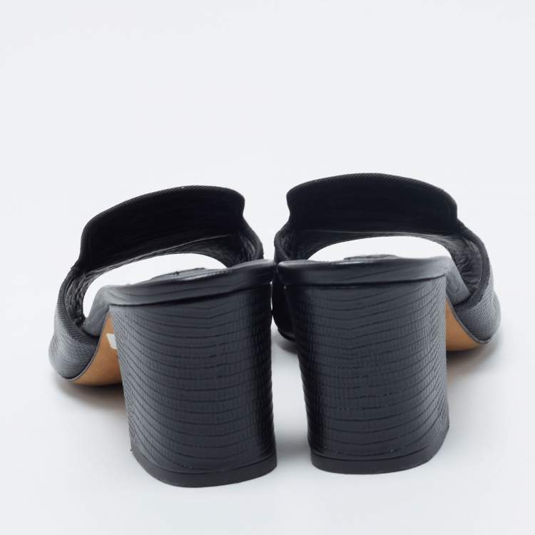 Pre Owned Dolce & Gabbana Black Lizard Embossed Leather Slide Sandals Size 40