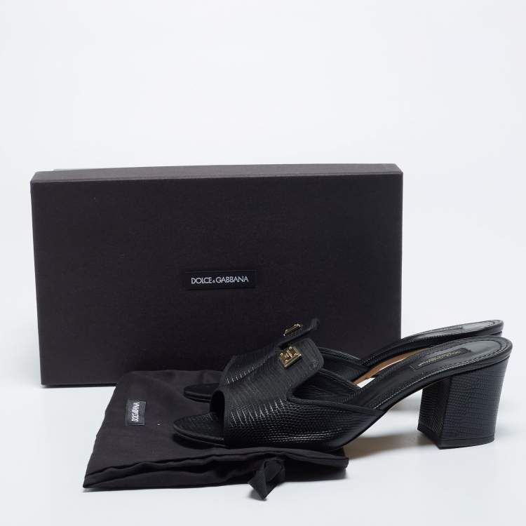 Pre Owned Dolce & Gabbana Black Lizard Embossed Leather Slide Sandals Size 40