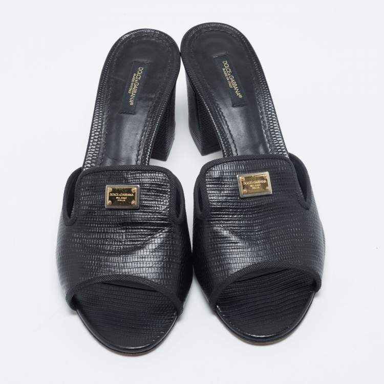 Pre Owned Dolce & Gabbana Black Lizard Embossed Leather Slide Sandals Size 40