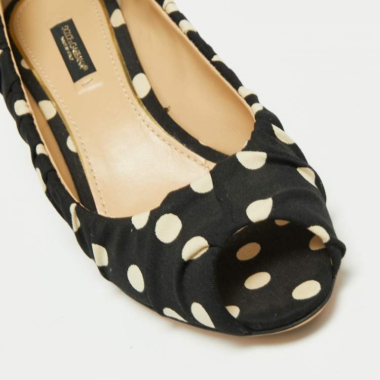 Pre Owned Dolce & Gabbana Black/White Polka Dot Fabric Peep Toe Pumps Size 39