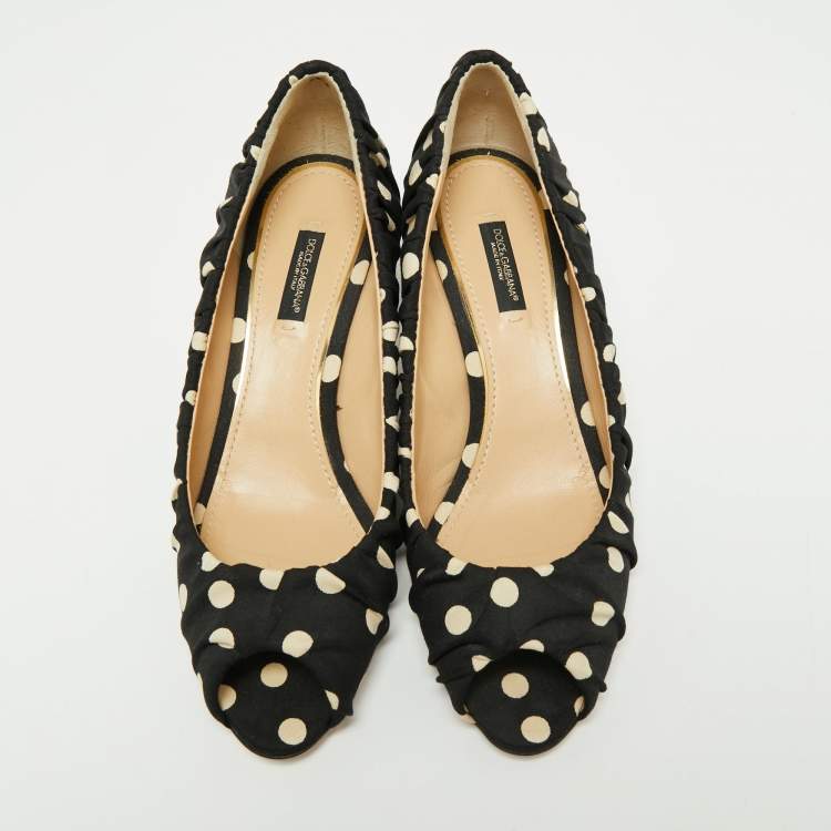 Pre Owned Dolce & Gabbana Black/White Polka Dot Fabric Peep Toe Pumps Size 39
