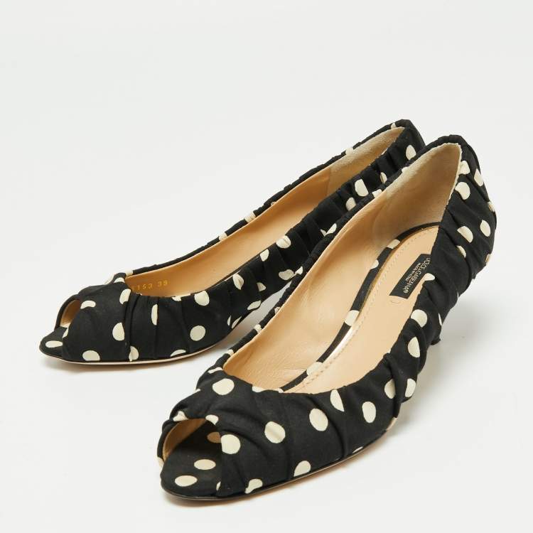 Pre Owned Dolce & Gabbana Black/White Polka Dot Fabric Peep Toe Pumps Size 39