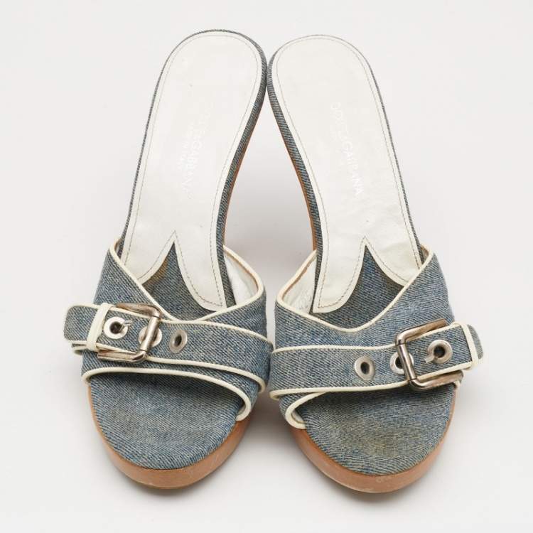 Pre Owned Dolce & Gabbana Blue Denim And Leather Trims Buckle Detail Open Toe Platform Slide Sandals Size 40