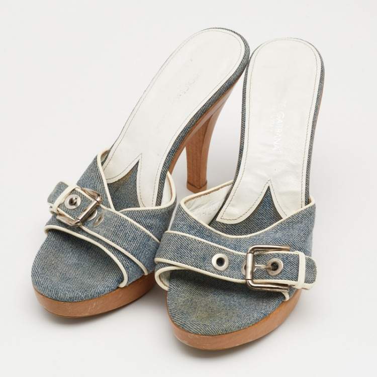 Pre Owned Dolce & Gabbana Blue Denim And Leather Trims Buckle Detail Open Toe Platform Slide Sandals Size 40