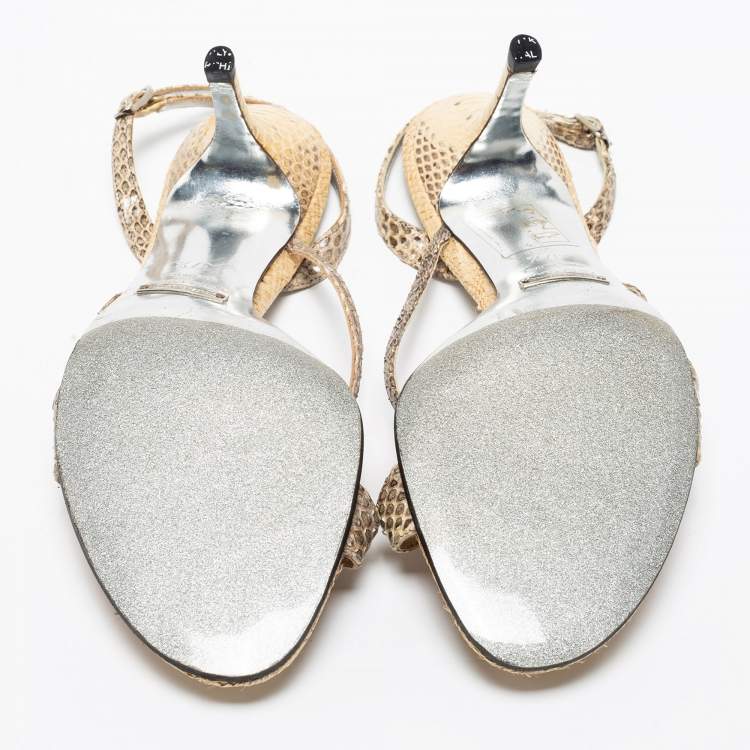Pre Owned Dolce & Gabbana Grey/Gold Raffia And Snakeskin Embossed Buckle Slingback Sandals Size 37.5