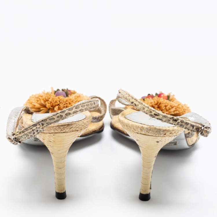 Pre Owned Dolce & Gabbana Grey/Gold Raffia And Snakeskin Embossed Buckle Slingback Sandals Size 37.5