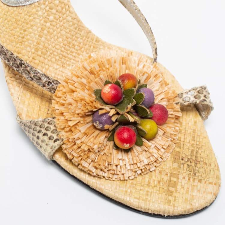 Pre Owned Dolce & Gabbana Grey/Gold Raffia And Snakeskin Embossed Buckle Slingback Sandals Size 37.5