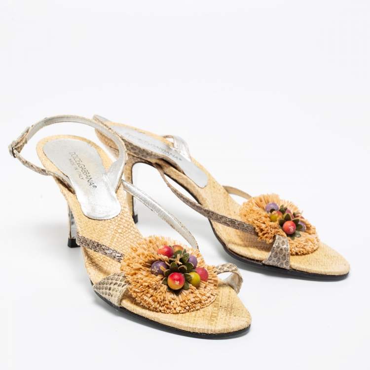 Pre Owned Dolce & Gabbana Grey/Gold Raffia And Snakeskin Embossed Buckle Slingback Sandals Size 37.5
