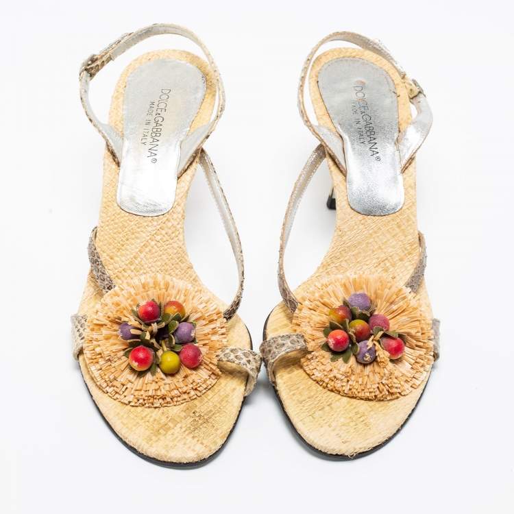 Pre Owned Dolce & Gabbana Grey/Gold Raffia And Snakeskin Embossed Buckle Slingback Sandals Size 37.5
