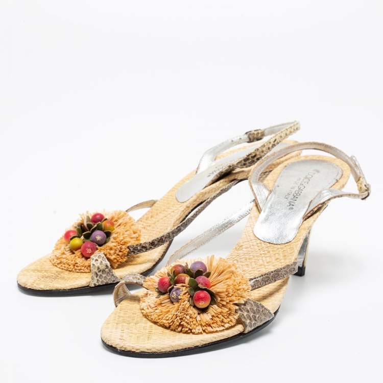 Pre Owned Dolce & Gabbana Grey/Gold Raffia And Snakeskin Embossed Buckle Slingback Sandals Size 37.5