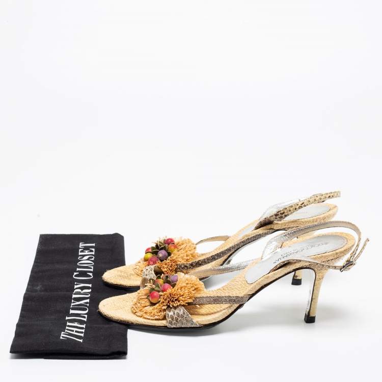 Pre Owned Dolce & Gabbana Grey/Gold Raffia And Snakeskin Embossed Buckle Slingback Sandals Size 37.5