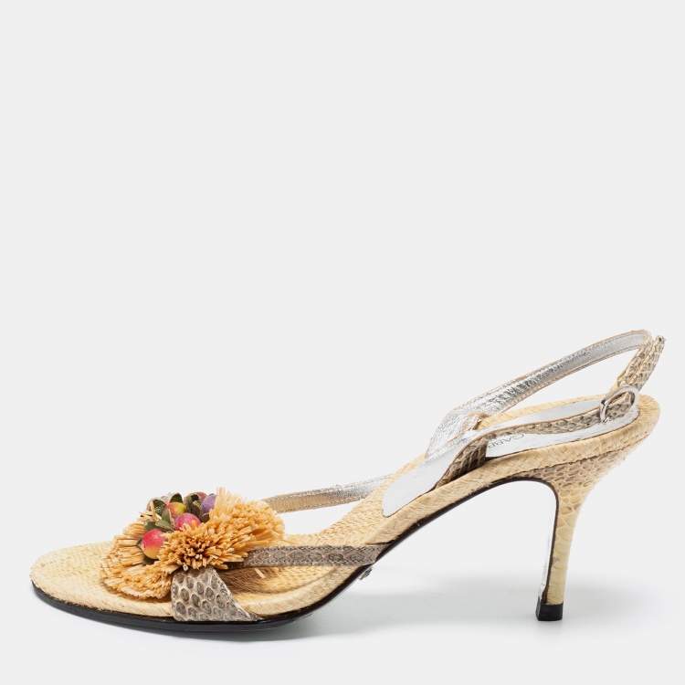 Pre Owned Dolce & Gabbana Grey/Gold Raffia And Snakeskin Embossed Buckle Slingback Sandals Size 37.5