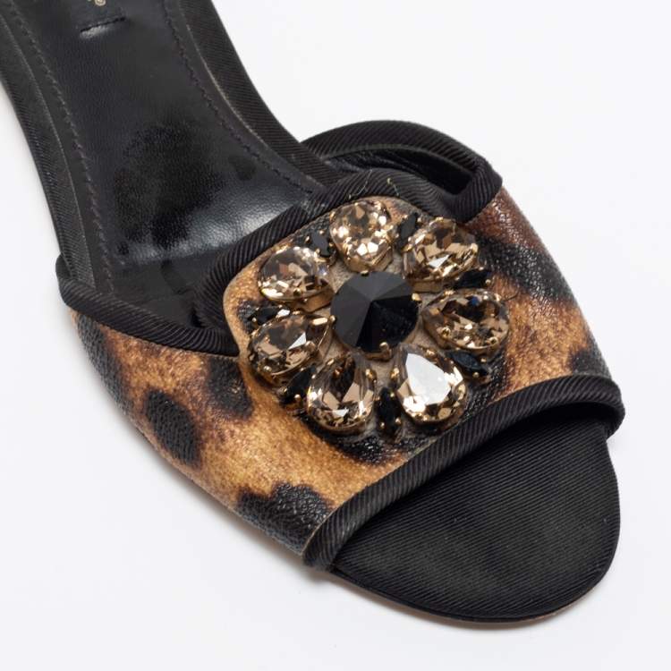 مملوكة مسبقًا Dolce & Gabbana Brown Leopard Print Coated Canvas Crystal Embellished Flat Slides Size 37.5