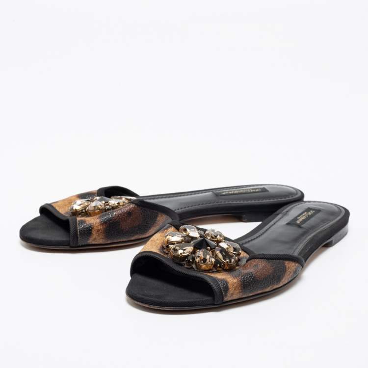مملوكة مسبقًا Dolce & Gabbana Brown Leopard Print Coated Canvas Crystal Embellished Flat Slides Size 37.5