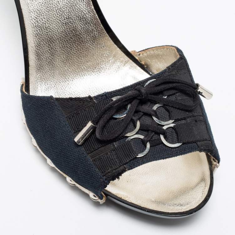 Pre Owned Dolce & Gabbana Navy Blue/Black Canvas Slide Sandals Size 39