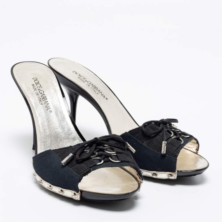 Pre Owned Dolce & Gabbana Navy Blue/Black Canvas Slide Sandals Size 39
