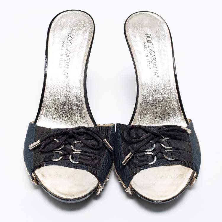 Pre Owned Dolce & Gabbana Navy Blue/Black Canvas Slide Sandals Size 39