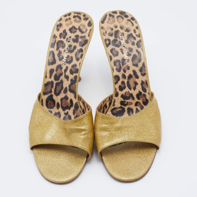 Pre Owned Dolce & Gabbana Metallic Gold Glitter Leather Open Toe Slide Sandals Size 39.5