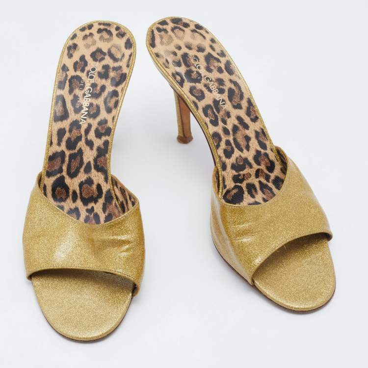 Pre Owned Dolce & Gabbana Metallic Gold Glitter Leather Open Toe Slide Sandals Size 39.5