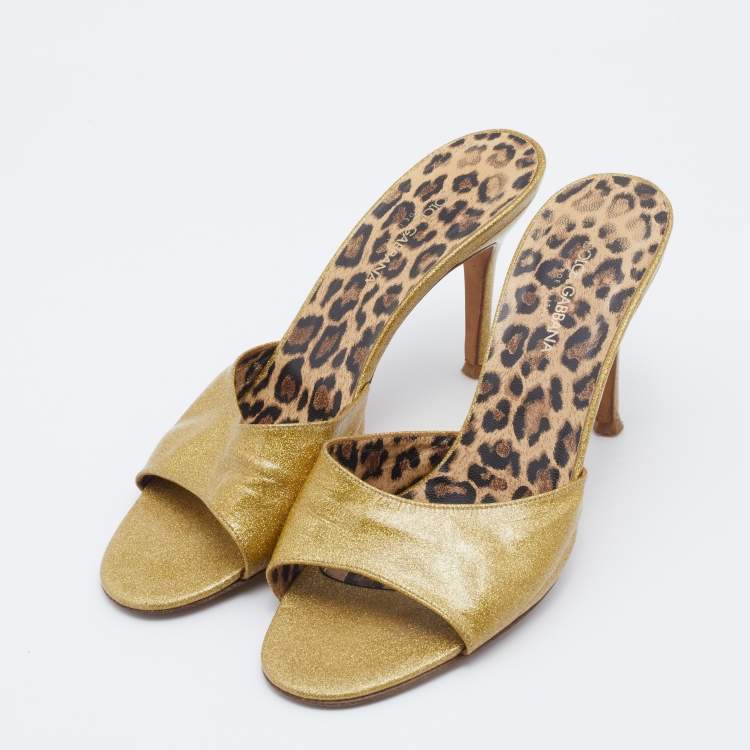 Pre Owned Dolce & Gabbana Metallic Gold Glitter Leather Open Toe Slide Sandals Size 39.5