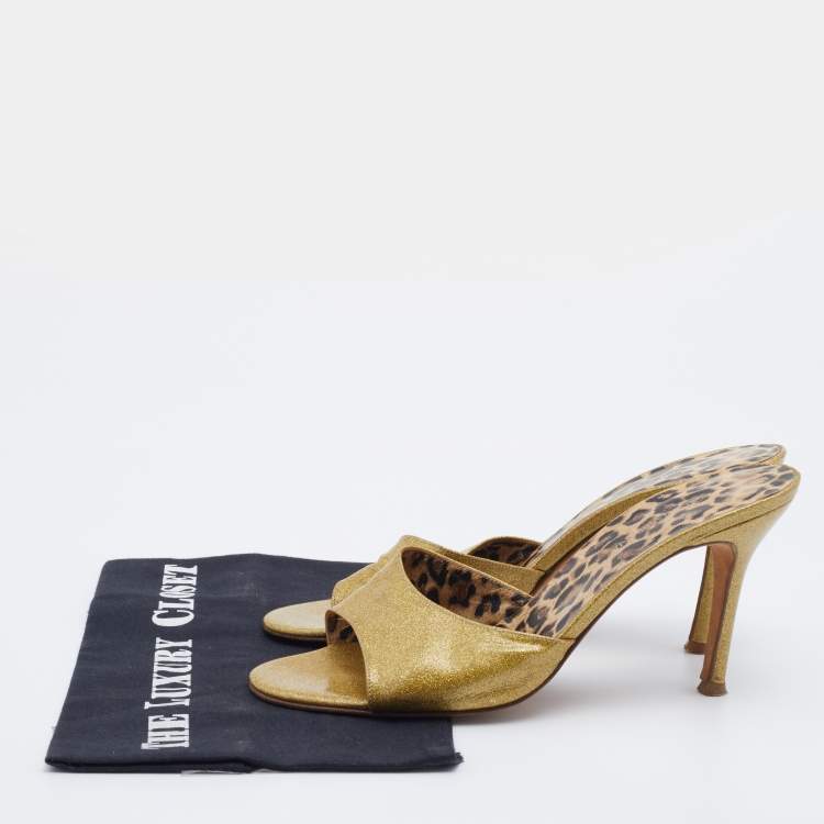 Pre Owned Dolce & Gabbana Metallic Gold Glitter Leather Open Toe Slide Sandals Size 39.5