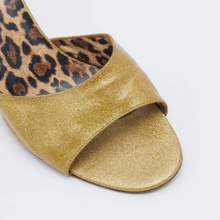 Pre Owned Dolce & Gabbana Metallic Gold Glitter Leather Open Toe Slide Sandals Size 39.5
