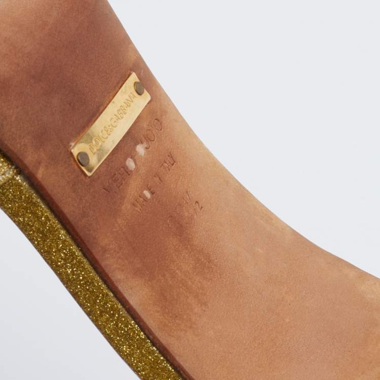 Pre Owned Dolce & Gabbana Metallic Gold Glitter Leather Open Toe Slide Sandals Size 39.5
