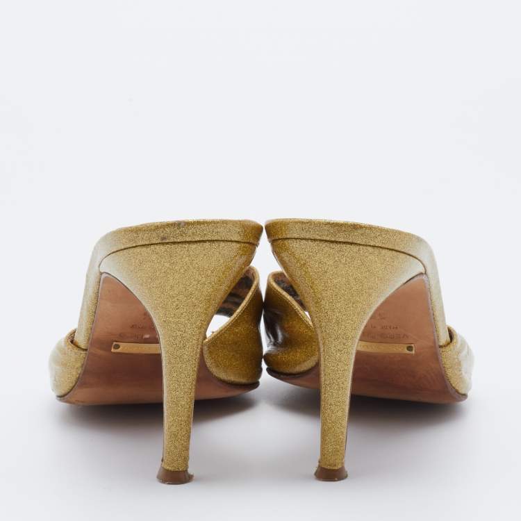 Pre Owned Dolce & Gabbana Metallic Gold Glitter Leather Open Toe Slide Sandals Size 39.5