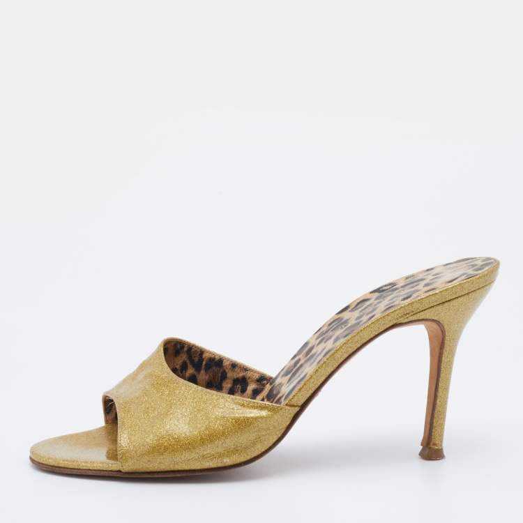 Pre Owned Dolce & Gabbana Metallic Gold Glitter Leather Open Toe Slide Sandals Size 39.5