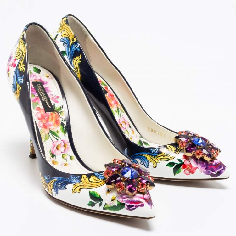 Pre Owned Dolce & Gabbana Multicolor Floral Print Leather Embellished Pointed Toe Pumps Size 39