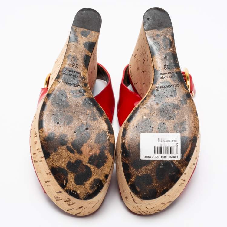 Pre Owned Dolce & Gabbana Red Patent Leather Cork Wedge Platform Slingback Sandals Size 38