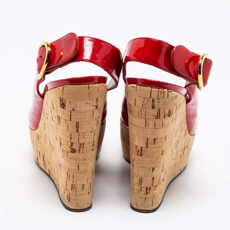 Pre Owned Dolce & Gabbana Red Patent Leather Cork Wedge Platform Slingback Sandals Size 38