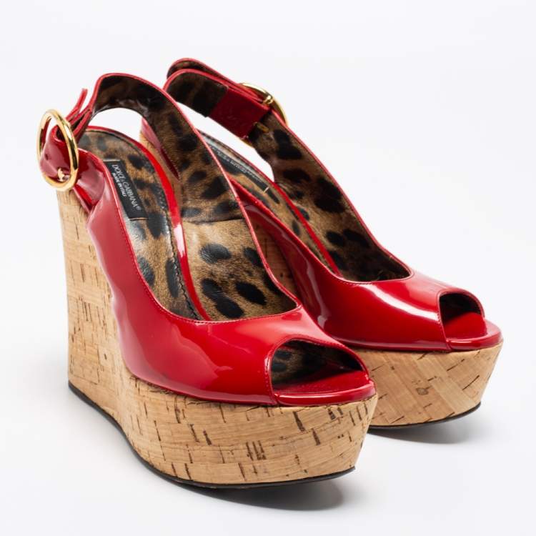 Pre Owned Dolce & Gabbana Red Patent Leather Cork Wedge Platform Slingback Sandals Size 38