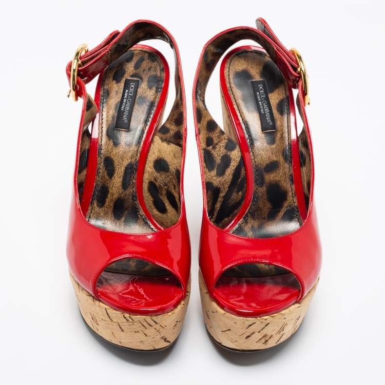 Pre Owned Dolce & Gabbana Red Patent Leather Cork Wedge Platform Slingback Sandals Size 38