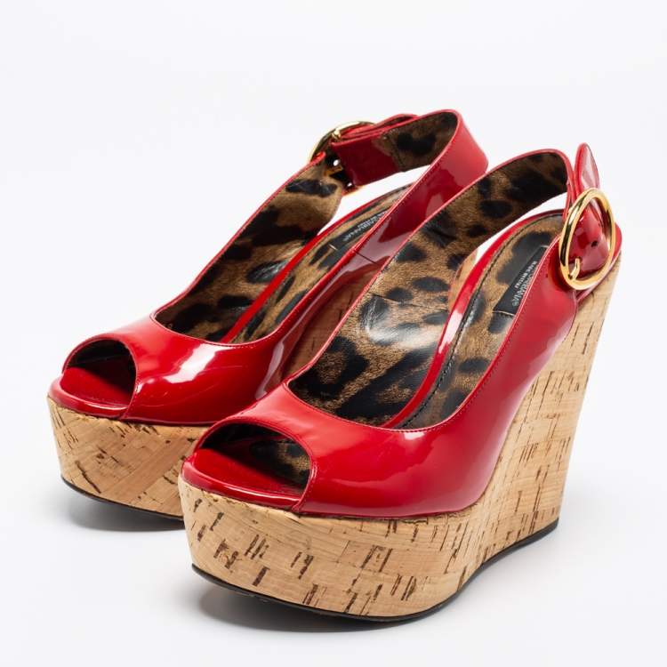 Pre Owned Dolce & Gabbana Red Patent Leather Cork Wedge Platform Slingback Sandals Size 38