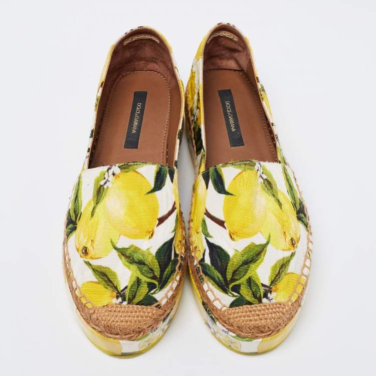 Pre Owned Dolce & Gabbana Tri-Color Lemon Print Fabric Platform Espadrilles Size 36