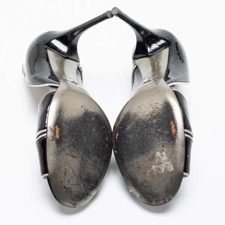 Pre Owned Dolce & Gabbana Black Patent Leather Piping Detail Peep Toe D'orsay Pumps Size 36.5