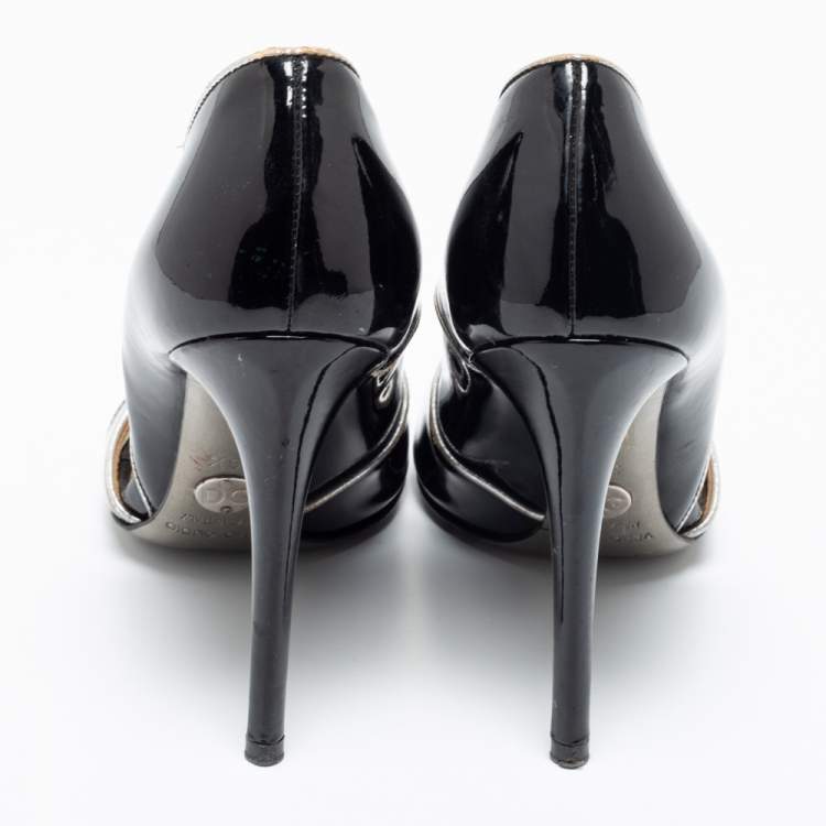 Pre Owned Dolce & Gabbana Black Patent Leather Piping Detail Peep Toe D'orsay Pumps Size 36.5